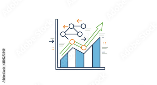 Bar graph displays a rising trend line with connected node points to illustrate analytical data growth and strategic planning.