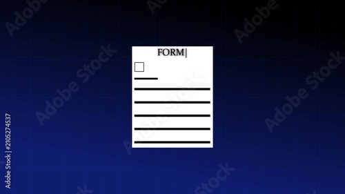 White paper form document with lines and a checkbox on a dark blue grid background representing digital data entry and administrative tasks