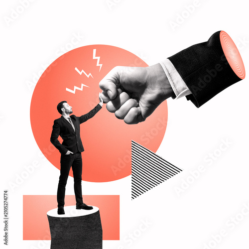 Creative conceptual collage of a businessman facing a giant fist symbolizing pressure, conflict, stress and resilience. Modern minimalist business metaphor with geometric elements and copy space.