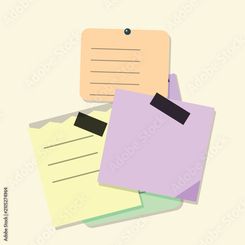 Three colorful sticky notes with tape and pushpin on a white background