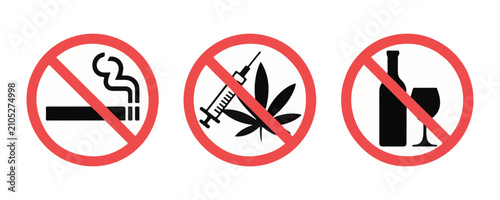 Tableau sur toile No smoking no drugs no alcohol prohibition signs on transparent background warning symbols