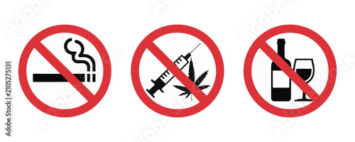 Tableau sur toile No smoking no drugs no alcohol prohibition symbols on transparent background warning signs
