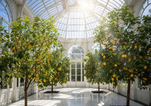 Sunlight streams through a glass roof onto lush lemon trees inside a classic white orangery with tiled floors and elegant architecture, tranquil, fresh, organic
