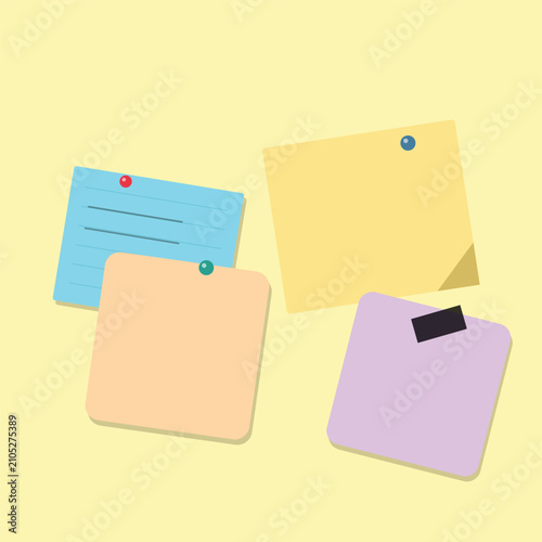 Colorful sticky notes with push pins and tape on a flat surface