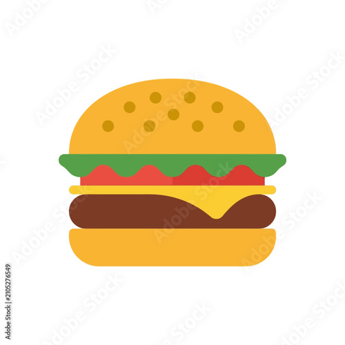 Flat icon of a delicious cheeseburger with lettuce, tomato, and melted cheese