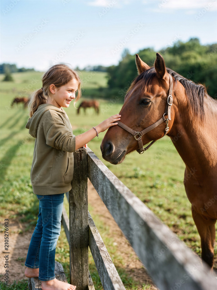 Obraz premium Young girl interacting with horse by wooden fence in green field 