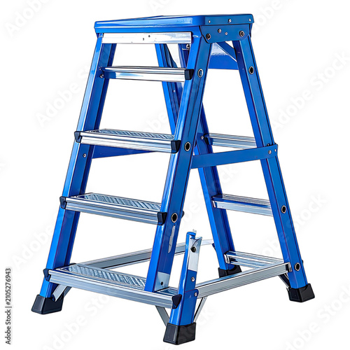 A bright blue A-frame ladder is presented against a black background.
