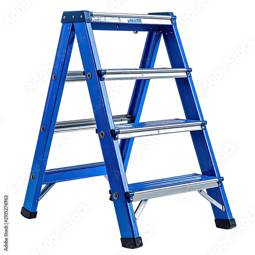A vibrant blue stepladder stands isolated against a stark black background.
