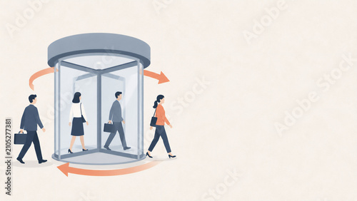 A simple revolving door with arrows suggesting people coming and going - high employee turnover in the workplace concept flat design illustration banner with copy space