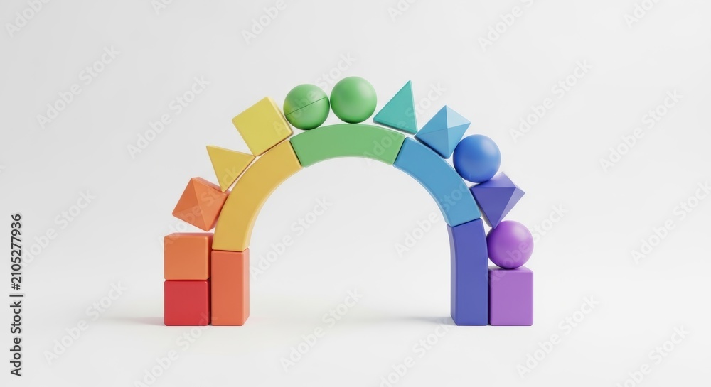Obraz premium Colorful geometric toy arch with rainbow blocks and shapes on white background