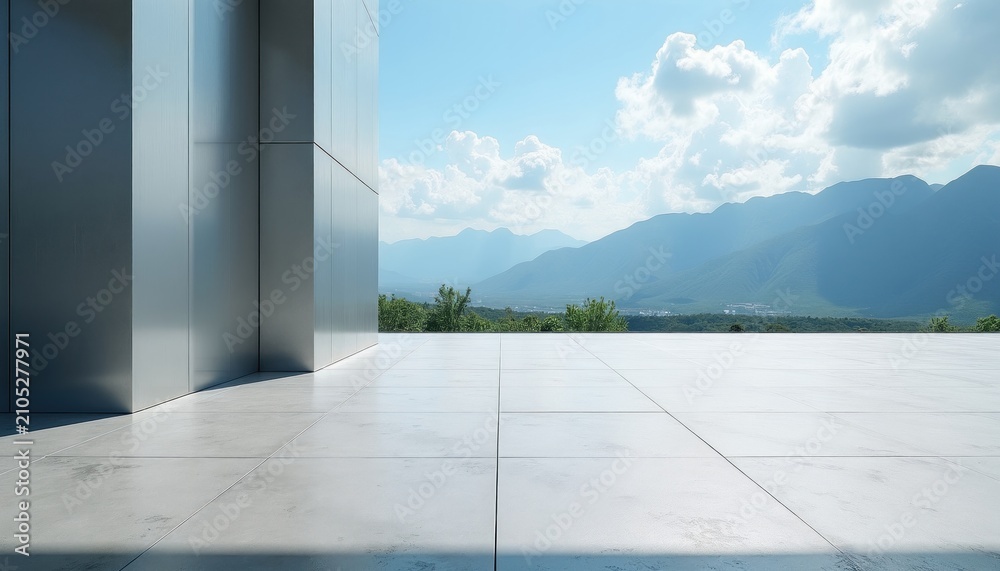 Obraz premium Empty concrete patio floor with modern metal building wall. View of green mountain valley landscape under bright blue sky with white clouds. Urban terrace space features tile pavement surface for
