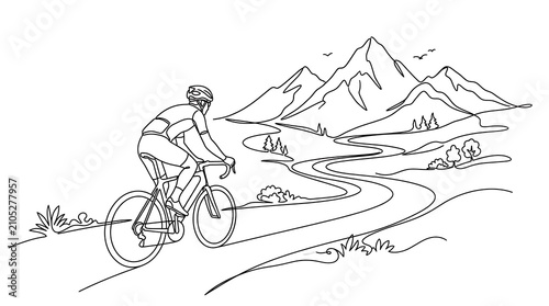 Person riding bicycle along scenic mountain road with winding path