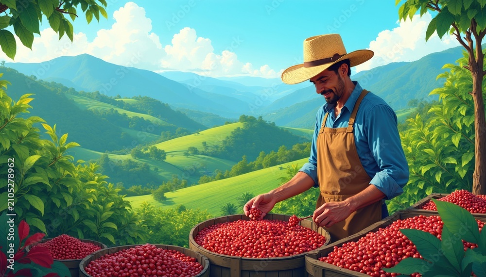 Fototapeta premium Farmer picking red coffee berries on sunny tropical plantation mountain farm. Man in hat works in field with wooden baskets filled with fresh harvest. Agronomist examines ripe crop organic beans for