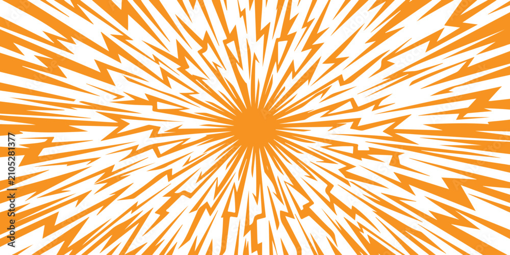 Fototapeta premium Abstract orange sunburst background with jagged lightning bolt rays and dynamic comic book style