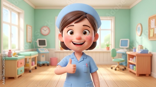 Cheerful nurse in a bright pediatric hospital room.