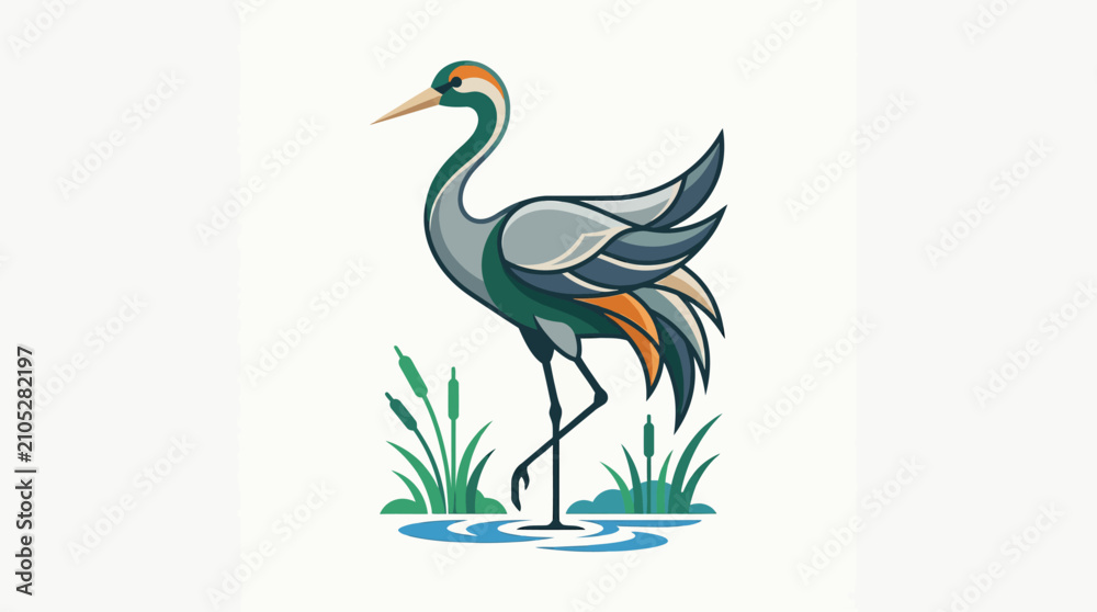 Obraz premium Elegant bird standing in water with reeds artistic illustration