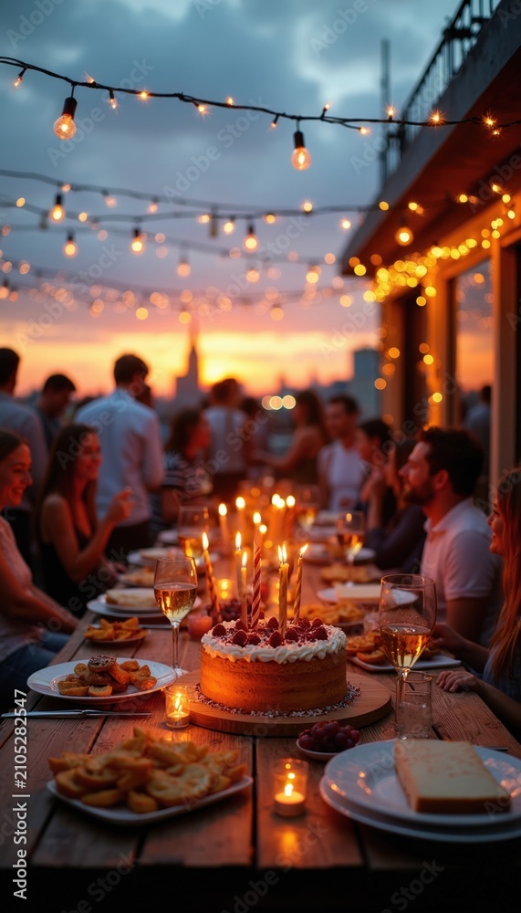 Obraz premium People celebrate birthday on rooftop at sunset with cake and food. Friends gather enjoying drinks, music, and decorations. Warm lights glow creating a festive atmosphere.