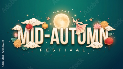 happy Mid Autumn Festival Greeting illustration in traditional Chinese art design. vector illustration