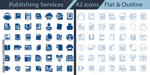 Publishing Services flat, outline icon set featuring audiobook, textbook, online editing, open book, newspaper, and digital reading collection for editorial UI.