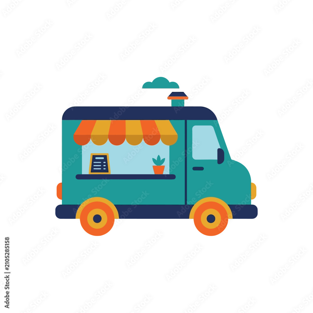 Fototapeta premium Colorful food truck illustration, modern design, mobile kitchen, street food vendor, isolated on white.