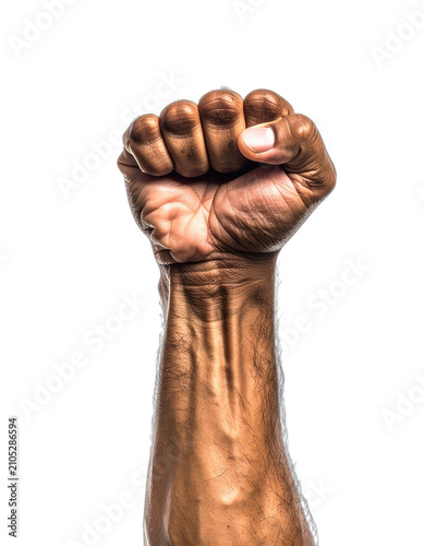 A fist raised in a gesture of strength and defiance against a black background.