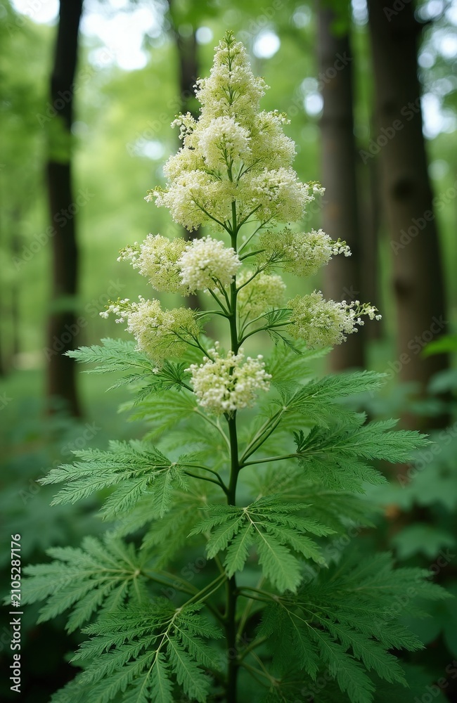 Obraz premium Tall Aralia elata tree grows in forest. White flowers bloom on green branches during summer. Delicate creamy inflorescence stands among deciduous leaves. Wild exotic medicinal plant flourishes within