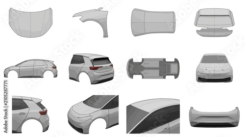 Foto Collection of car body parts and vehicle components.