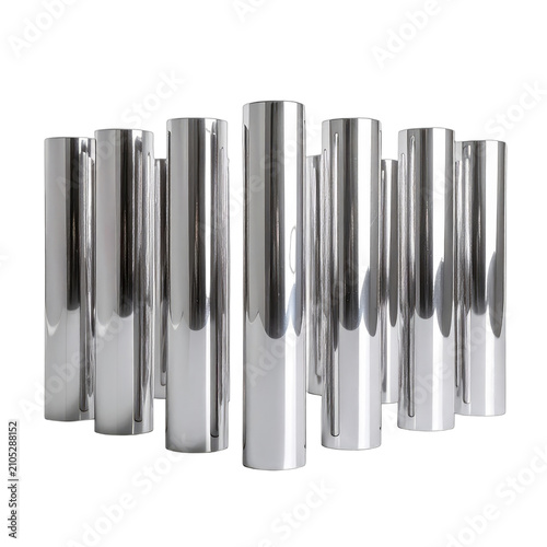 Group of polished chrome cylindrical objects arranged in a circular pattern on a black background.