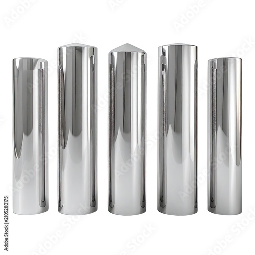 Five polished metallic cylindrical objects arranged in a line against a black background.
