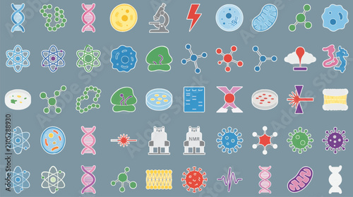 Tableau sur toile Flat Vector Icon Set for Biophysics and Molecular Biology, Featuring DNA, Atoms,