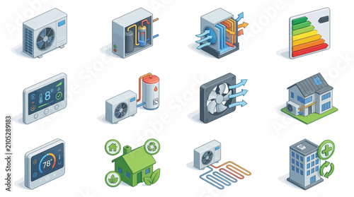Collection of modern HVAC and energy efficiency icons.