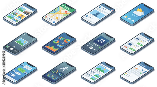 Collection of modern smartphone mockups in isometric view.