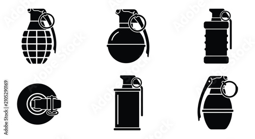 Foto Black silhouette illustrations of various hand grenade designs on a white backgr