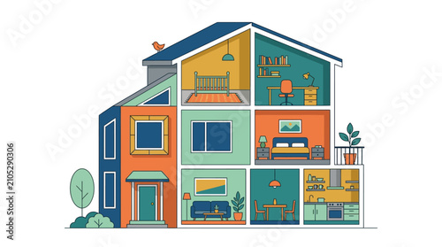 Cross section of a modern house showing multiple rooms and furniture