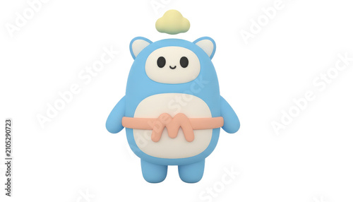 Cute blue monster with white belly and yellow cloud on head, 3d rendered.