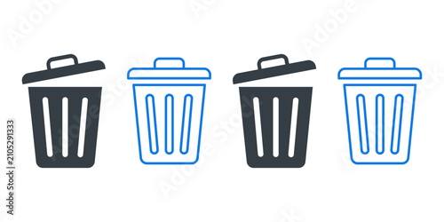 Foto Trash can icon set with blue delete and recycle bin symbols
