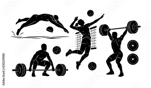 Schilderij op canvas Athletic compilation volleyball spike weightlifting and diving silhouettes