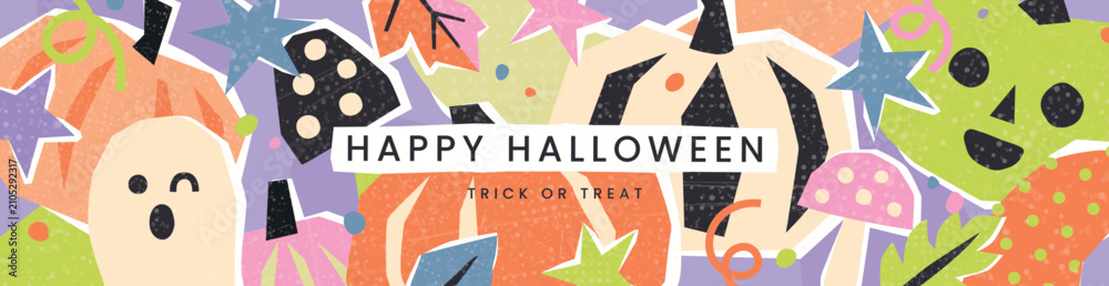 Fototapeta premium Horizontal banner for Halloween party in paper cutout collage style with grainy texture. Design features festive pumpkin, spooky ghost, star and autumn leaf, vector illustration