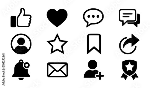Social media icons set likes hearts comments shares more