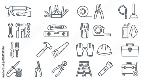 Foto Collection of various hand tools and equipment icons.