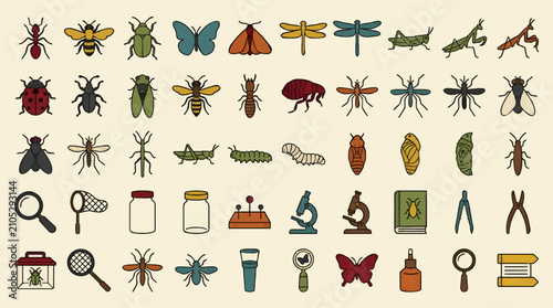 Konstfotografi Flat Vector Icon Set of Entomology Elements, Insects, and Scientific Tools on Be