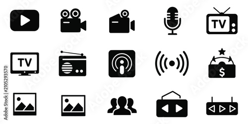 Flat set of sixteen modern media and communication icons Vector