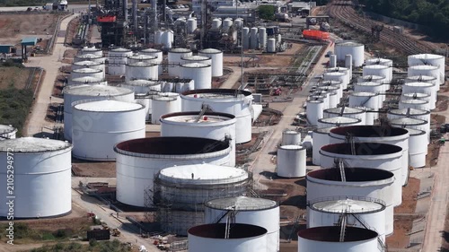 Aerial view of oil refinery storage tanks