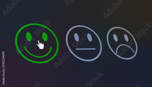 Illustration of a fictional website showing a mouse pointer clicking on a Satisfied button (positive feedback) in a feedback survey. Business concept for online ratings.