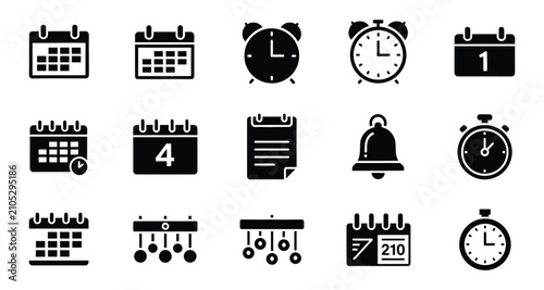 Set of sixteen black and white flat design icons for calendar, clock, notification, and schedule Vector
