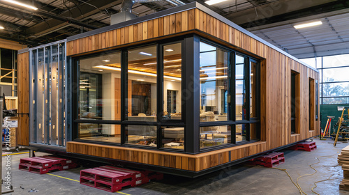 Prefabricated modular home with timber cladding and large windows stands inside an industrial assembly facility.