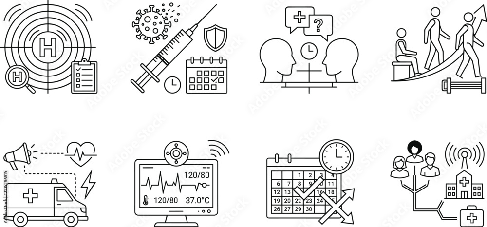 Fototapeta premium Set of professional medical and healthcare line icons illustrating clinical concepts, patient care, and health technology