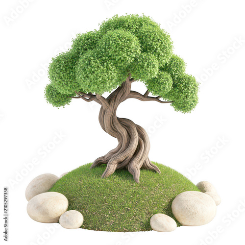 Artistic bonsai tree with twisted trunk and lush green foliage