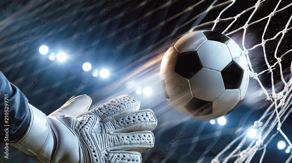 Obraz premium A goalkeeper reaches toward a soccer ball striking the net beneath bright stadium lights during a dramatic match.
