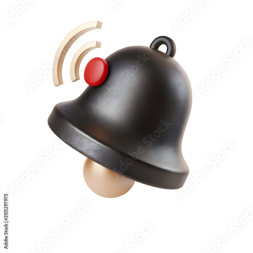 Notification Bell Icon: A 3D render of a black notification bell with a red button and a golden clapper, emitting subtle sound waves, symbolizing alerts and updates.